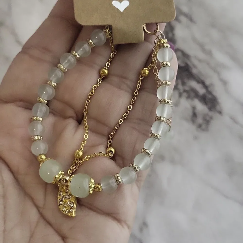 Double-Layer Green Jade Beaded Bracelet with Sparkling Golden Leaf Charm